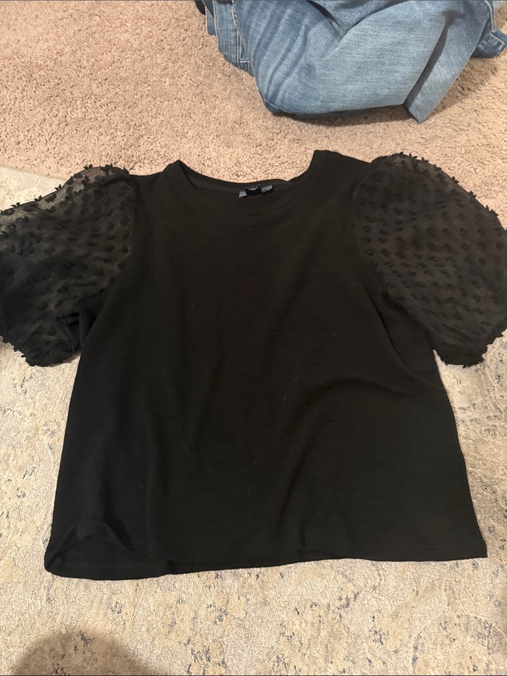 Anthropologie Black Puff-Sleeve Textured Tee